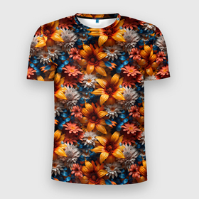 Мужская футболка 3D Slim с принтом Объемные летние полевые цветы в Тюмени, 100% полиэстер с улучшенными характеристиками | приталенный силуэт, круглая горловина, широкие плечи, сужается к линии бедра | 