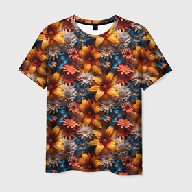Мужская футболка 3D с принтом Объемные летние полевые цветы , 100% полиэфир | прямой крой, круглый вырез горловины, длина до линии бедер | 