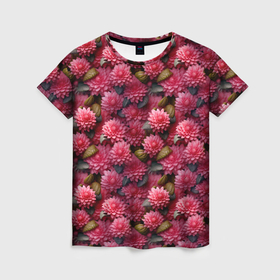 Женская футболка 3D с принтом Летние бордовые цветы в Белгороде, 100% полиэфир ( синтетическое хлопкоподобное полотно) | прямой крой, круглый вырез горловины, длина до линии бедер | 