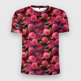 Мужская футболка 3D Slim с принтом Летние бордовые цветы в Петрозаводске, 100% полиэстер с улучшенными характеристиками | приталенный силуэт, круглая горловина, широкие плечи, сужается к линии бедра | 