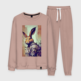 Мужской костюм хлопок с принтом Модный зайчара   нейросеть в городе Новоалтайск, 100% хлопок | на свитшоте круглая горловина, мягкая резинка по низу. Брюки заужены к низу, на них два вида карманов: два “обычных” по бокам и два объемных, с клапанами, расположенные ниже линии бедра. Брюки с мягкой трикотажной резинкой на поясе и по низу штанин. В поясе для дополнительного комфорта — широкие завязки | 