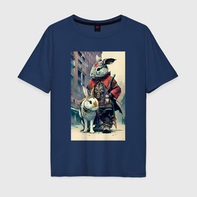 Мужская футболка хлопок Oversize с принтом Заяц охотник со  своим другом   нейросеть в Петрозаводске, 100% хлопок | свободный крой, круглый ворот, “спинка” длиннее передней части | 