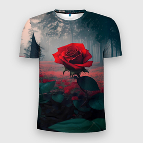 Мужская футболка 3D Slim с принтом Роза в туманом лесу в Белгороде, 100% полиэстер с улучшенными характеристиками | приталенный силуэт, круглая горловина, широкие плечи, сужается к линии бедра | Тематика изображения на принте: 