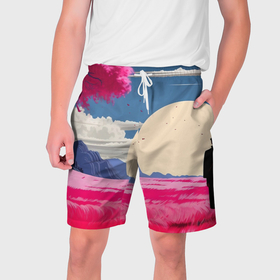 Мужские шорты 3D с принтом Самурай в поле на закате в Тюмени,  полиэстер 100% | прямой крой, два кармана без застежек по бокам. Мягкая трикотажная резинка на поясе, внутри которой широкие завязки. Длина чуть выше колен | 