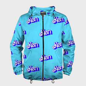 Мужская ветровка 3D с принтом Синий логотип Кен   паттерн , 100% полиэстер | подол и капюшон оформлены резинкой с фиксаторами, два кармана без застежек по бокам, один потайной карман на груди | 