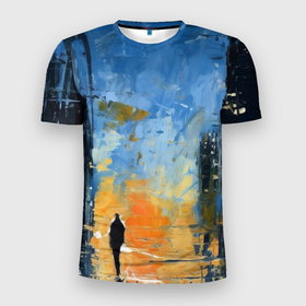 Мужская футболка 3D Slim с принтом Нарисованный человеческий силуэт на фоне города в Белгороде, 100% полиэстер с улучшенными характеристиками | приталенный силуэт, круглая горловина, широкие плечи, сужается к линии бедра | 