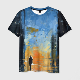 Мужская футболка 3D с принтом Нарисованный человеческий силуэт на фоне города в Белгороде, 100% полиэфир | прямой крой, круглый вырез горловины, длина до линии бедер | 