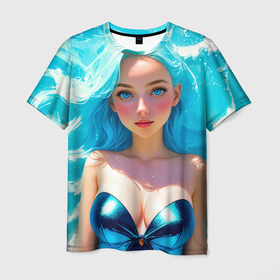 Мужская футболка 3D с принтом Девушка на фоне бирюзовых волн , 100% полиэфир | прямой крой, круглый вырез горловины, длина до линии бедер | 