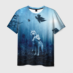 Мужская футболка 3D с принтом Волки в ночном лесу , 100% полиэфир | прямой крой, круглый вырез горловины, длина до линии бедер | Тематика изображения на принте: 