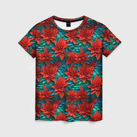 Женская футболка 3D с принтом Красные цветы зеленые листья в Кировске, 100% полиэфир ( синтетическое хлопкоподобное полотно) | прямой крой, круглый вырез горловины, длина до линии бедер | 