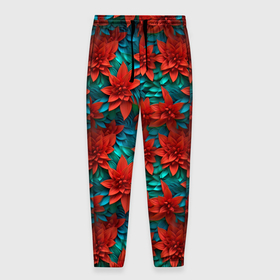 Мужские брюки 3D с принтом Красные цветы зеленые листья , 100% полиэстер | манжеты по низу, эластичный пояс регулируется шнурком, по бокам два кармана без застежек, внутренняя часть кармана из мелкой сетки | 