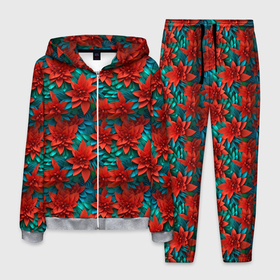 Мужской костюм 3D с принтом Красные цветы зеленые листья в Петрозаводске, 100% полиэстер | Манжеты и пояс оформлены тканевой резинкой, двухслойный капюшон со шнурком для регулировки, карманы спереди | 