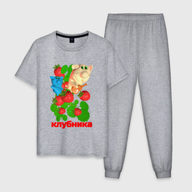 Мужская пижама хлопок с принтом Котики в клубнике в Тюмени, 100% хлопок | брюки и футболка прямого кроя, без карманов, на брюках мягкая резинка на поясе и по низу штанин
 | 