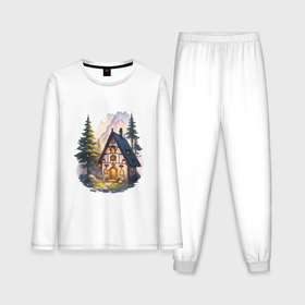 Мужская пижама с лонгсливом хлопок с принтом Сказочный домик в лесу в горах ,  |  | Тематика изображения на принте: 