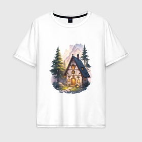 Мужская футболка хлопок Oversize с принтом Сказочный домик в лесу в горах , 100% хлопок | свободный крой, круглый ворот, “спинка” длиннее передней части | Тематика изображения на принте: 