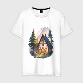 Мужская футболка хлопок с принтом Сказочный домик в лесу в горах в Екатеринбурге, 100% хлопок | прямой крой, круглый вырез горловины, длина до линии бедер, слегка спущенное плечо. | 