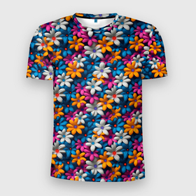 Мужская футболка 3D Slim с принтом Объемные   цветные ромашки в Новосибирске, 100% полиэстер с улучшенными характеристиками | приталенный силуэт, круглая горловина, широкие плечи, сужается к линии бедра | 