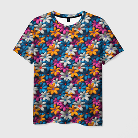 Мужская футболка 3D с принтом Объемные   цветные ромашки в Белгороде, 100% полиэфир | прямой крой, круглый вырез горловины, длина до линии бедер | 