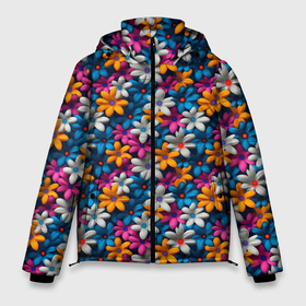Мужская зимняя куртка 3D с принтом Объемные   цветные ромашки в Новосибирске, верх — 100% полиэстер; подкладка — 100% полиэстер; утеплитель — 100% полиэстер | длина ниже бедра, свободный силуэт Оверсайз. Есть воротник-стойка, отстегивающийся капюшон и ветрозащитная планка. 

Боковые карманы с листочкой на кнопках и внутренний карман на молнии. | 