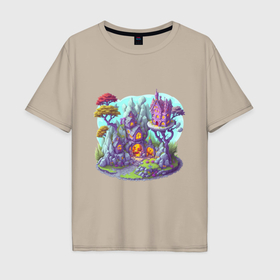 Мужская футболка хлопок Oversize с принтом Сказочный 3D остров с домами, горами и деревьями в Кировске, 100% хлопок | свободный крой, круглый ворот, “спинка” длиннее передней части | 