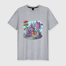 Мужская футболка хлопок Slim с принтом Сказочный 3D остров с домами, горами и деревьями в Курске, 92% хлопок, 8% лайкра | приталенный силуэт, круглый вырез ворота, длина до линии бедра, короткий рукав | 