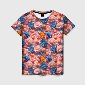 Женская футболка 3D с принтом Объемные  нежные  цветочки , 100% полиэфир ( синтетическое хлопкоподобное полотно) | прямой крой, круглый вырез горловины, длина до линии бедер | 