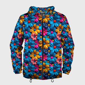 Мужская ветровка 3D с принтом Разноцветные  объемные  цветочки в Екатеринбурге, 100% полиэстер | подол и капюшон оформлены резинкой с фиксаторами, два кармана без застежек по бокам, один потайной карман на груди | 