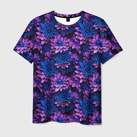 Мужская футболка 3D с принтом Ночные фиолетовые цветы в Петрозаводске, 100% полиэфир | прямой крой, круглый вырез горловины, длина до линии бедер | 