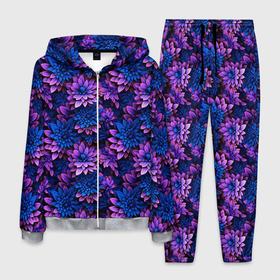 Мужской костюм 3D с принтом Ночные фиолетовые цветы в Петрозаводске, 100% полиэстер | Манжеты и пояс оформлены тканевой резинкой, двухслойный капюшон со шнурком для регулировки, карманы спереди | 