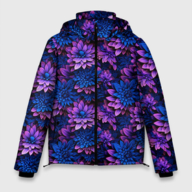 Мужская зимняя куртка 3D с принтом Ночные фиолетовые цветы в Санкт-Петербурге, верх — 100% полиэстер; подкладка — 100% полиэстер; утеплитель — 100% полиэстер | длина ниже бедра, свободный силуэт Оверсайз. Есть воротник-стойка, отстегивающийся капюшон и ветрозащитная планка. 

Боковые карманы с листочкой на кнопках и внутренний карман на молнии. | 