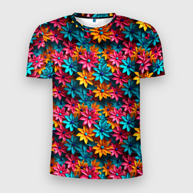 Мужская футболка 3D Slim с принтом Цветные  объемные     цветы в Екатеринбурге, 100% полиэстер с улучшенными характеристиками | приталенный силуэт, круглая горловина, широкие плечи, сужается к линии бедра | Тематика изображения на принте: 