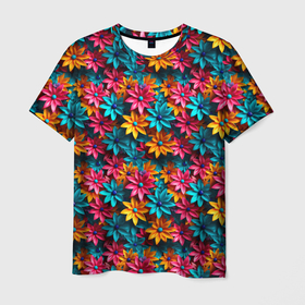 Мужская футболка 3D с принтом Цветные  объемные     цветы в Белгороде, 100% полиэфир | прямой крой, круглый вырез горловины, длина до линии бедер | 