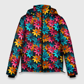 Мужская зимняя куртка 3D с принтом Цветные  объемные     цветы в Екатеринбурге, верх — 100% полиэстер; подкладка — 100% полиэстер; утеплитель — 100% полиэстер | длина ниже бедра, свободный силуэт Оверсайз. Есть воротник-стойка, отстегивающийся капюшон и ветрозащитная планка. 

Боковые карманы с листочкой на кнопках и внутренний карман на молнии. | Тематика изображения на принте: 
