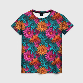 Женская футболка 3D с принтом Цветные     цветочки , 100% полиэфир ( синтетическое хлопкоподобное полотно) | прямой крой, круглый вырез горловины, длина до линии бедер | 