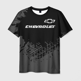 Мужская футболка 3D с принтом Chevrolet speed на темном фоне со следами шин: символ сверху в Тюмени, 100% полиэфир | прямой крой, круглый вырез горловины, длина до линии бедер | Тематика изображения на принте: 