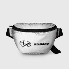 Поясная сумка 3D с принтом Subaru speed на светлом фоне со следами шин: надпись и символ , 100% полиэстер | плотная ткань, ремень с регулируемой длиной, внутри несколько карманов для мелочей, основное отделение и карман с обратной стороны сумки застегиваются на молнию | 