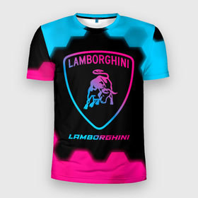 Мужская футболка 3D Slim с принтом Lamborghini   neon gradient в Санкт-Петербурге, 100% полиэстер с улучшенными характеристиками | приталенный силуэт, круглая горловина, широкие плечи, сужается к линии бедра | 