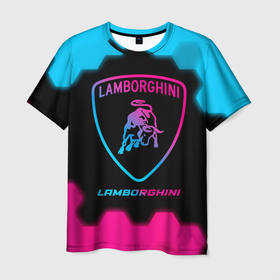 Мужская футболка 3D с принтом Lamborghini   neon gradient в Петрозаводске, 100% полиэфир | прямой крой, круглый вырез горловины, длина до линии бедер | 