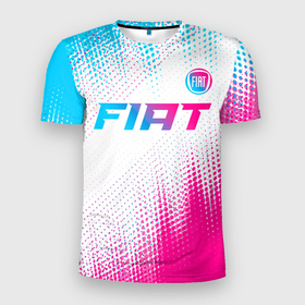 Мужская футболка 3D Slim с принтом Fiat neon gradient style: символ сверху в Петрозаводске, 100% полиэстер с улучшенными характеристиками | приталенный силуэт, круглая горловина, широкие плечи, сужается к линии бедра | 