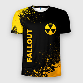 Мужская футболка 3D Slim с принтом Fallout   gold gradient: надпись, символ в Белгороде, 100% полиэстер с улучшенными характеристиками | приталенный силуэт, круглая горловина, широкие плечи, сужается к линии бедра | 
