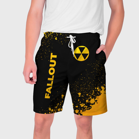 Мужские шорты 3D с принтом Fallout   gold gradient: надпись, символ в Екатеринбурге,  полиэстер 100% | прямой крой, два кармана без застежек по бокам. Мягкая трикотажная резинка на поясе, внутри которой широкие завязки. Длина чуть выше колен | 