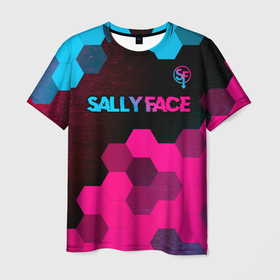 Мужская футболка 3D с принтом Sally Face   neon gradient: символ сверху в Белгороде, 100% полиэфир | прямой крой, круглый вырез горловины, длина до линии бедер | Тематика изображения на принте: 