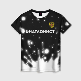 Женская футболка 3D с принтом Биатлонист из России и герб РФ: символ сверху в Тюмени, 100% полиэфир ( синтетическое хлопкоподобное полотно) | прямой крой, круглый вырез горловины, длина до линии бедер | 