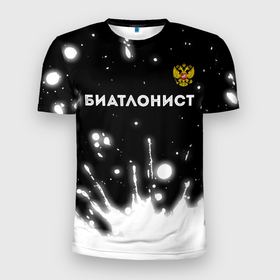 Мужская футболка 3D Slim с принтом Биатлонист из России и герб РФ: символ сверху в Новосибирске, 100% полиэстер с улучшенными характеристиками | приталенный силуэт, круглая горловина, широкие плечи, сужается к линии бедра | 
