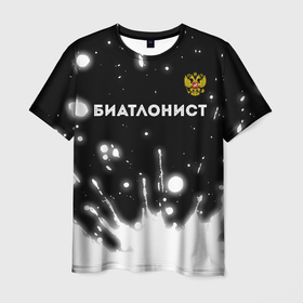 Мужская футболка 3D с принтом Биатлонист из России и герб РФ: символ сверху в Белгороде, 100% полиэфир | прямой крой, круглый вырез горловины, длина до линии бедер | 