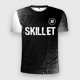 Мужская футболка 3D Slim с принтом Skillet glitch на темном фоне: символ сверху в Екатеринбурге, 100% полиэстер с улучшенными характеристиками | приталенный силуэт, круглая горловина, широкие плечи, сужается к линии бедра | 