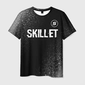Мужская футболка 3D с принтом Skillet glitch на темном фоне: символ сверху в Белгороде, 100% полиэфир | прямой крой, круглый вырез горловины, длина до линии бедер | 