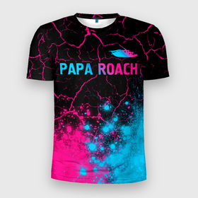 Мужская футболка 3D Slim с принтом Papa Roach   neon gradient: символ сверху в Петрозаводске, 100% полиэстер с улучшенными характеристиками | приталенный силуэт, круглая горловина, широкие плечи, сужается к линии бедра | Тематика изображения на принте: 