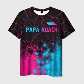 Мужская футболка 3D с принтом Papa Roach   neon gradient: символ сверху в Петрозаводске, 100% полиэфир | прямой крой, круглый вырез горловины, длина до линии бедер | 