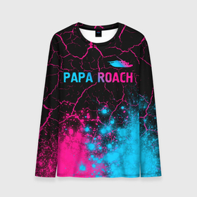 Мужской лонгслив 3D с принтом Papa Roach   neon gradient: символ сверху в Петрозаводске, 100% полиэстер | длинные рукава, круглый вырез горловины, полуприлегающий силуэт | Тематика изображения на принте: 
